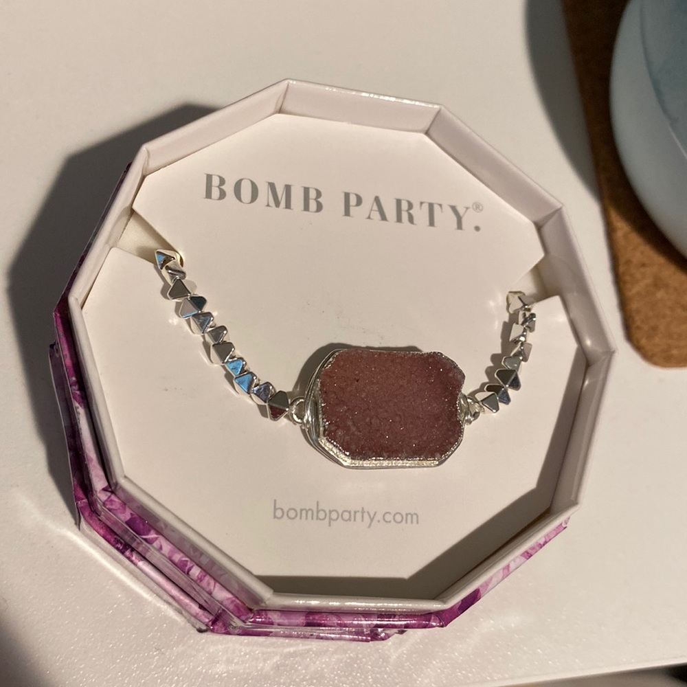 NWT Bomb Party 'Blissful Heart' Genuine Blush Pink Druzy Silver Plated Bracelet